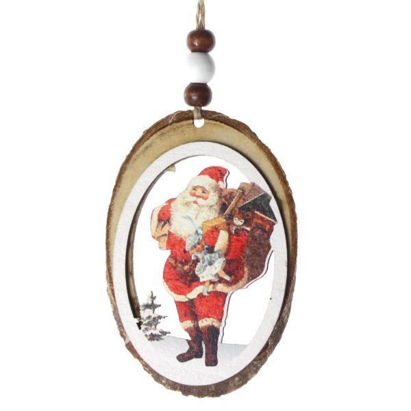Χριστουγεννιάτικo Κρεμαστό Ξύλινο Στολίδι Κορμός, Άγιος Βασίλης με Δώρα (8cm)